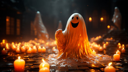 A charming and adorable ghost playfully waves with a friendly gesture, creating a heartwarming Halloween atmosphere for kids. Generative AIの素材