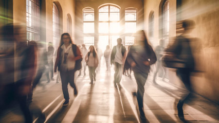 Scholars meandering through school hallways during the early hours, illuminated by the sun's glow, embodying the resurgence of scholastic pursuits after the summer break. Generative AIの素材
