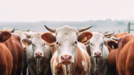 Industrialized world of cattle farming, vast herds of beef cattle populate the macro scale farms. The meat industry global demand for beef. Generative AIの素材