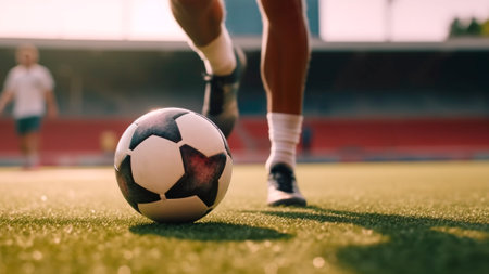 With a deft touch, the footballer brings the ball under his command, exhibiting exceptional control and technique as navigate through the game at the stadium. Generative AIの素材