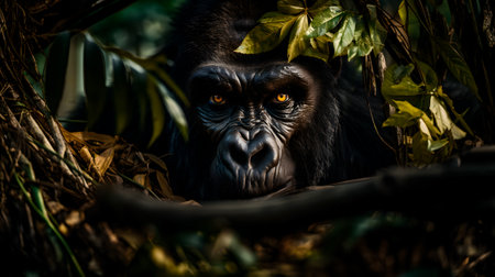 Portrait of a fully grown silverback gorilla in its natural habitat within the jungles of the Central African Republic. Essence of the wild where apes reside. Generative AIの素材