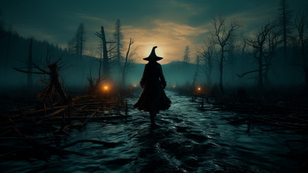 Halloween malevolent sorceress scene, a sinister witch walking backwards in an enchanted forest. A hag silhouette amidst a blackened setting illuminated by moonlight. Dark Witchcraft. Generative AIの素材