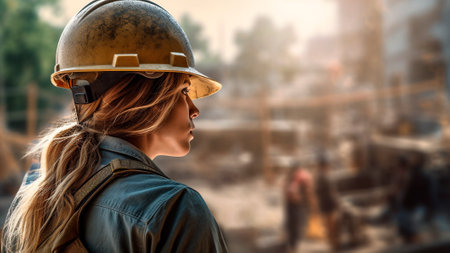 In the midst of a dynamic construction site, a woman worker stands in a powerful stance, her gaze fixed on the progress of the contemporary buildings taking shape around. Generative AIの素材