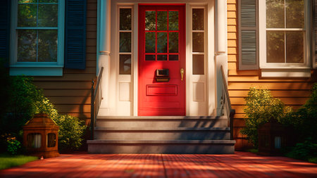 A red door stands as the gateway to a lovely abode, its inviting presence beckoning visitors to step inside and experience the coziness within. Generative AIの素材