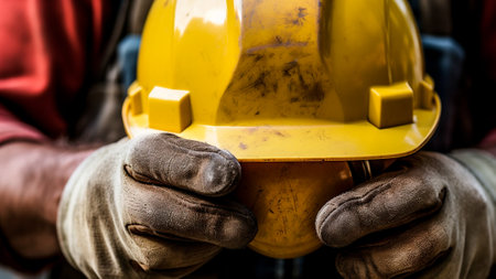 Strong hands firmly grip a yellow construction helmet, a symbol of safety in the modern building industry, showing the dedication of a construction worker on the job. Generative AIの素材