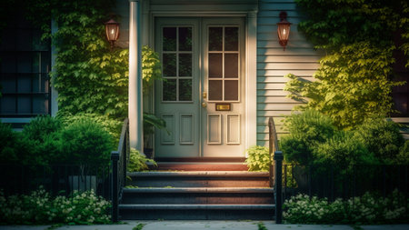 A white door stands as the gateway to a lovely abode, its inviting presence beckoning visitors to step inside and experience the coziness within. Generative AIの素材