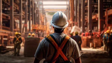 In the midst of a dynamic construction site, a helmet worker stands in a powerful stance, his gaze fixed on the progress of the contemporary buildings taking shape around him. Generative AIの素材