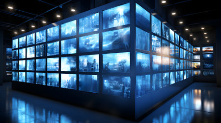 The future with a glimpse into a room equipped with an impressive video wall consisting of numerous high definition monitors and screens, showcasing a symphony of captivating visuals. Generative AIの素材