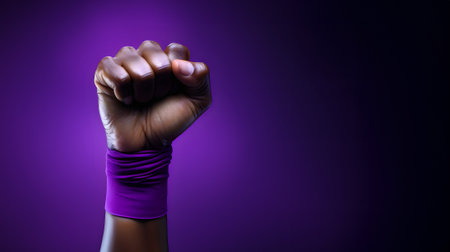 A black lady showcases her powerful symbol, raises her hand high over isolated purple background with empty copy space for text. Feminist movement for rights and freedom, Generative AI.の素材