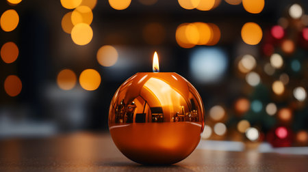 A beautiful candle ball decoration over a wooden table as a symbol of Christmas and celebration. Welcoming the winter festivities amidst the glimmering decor. Generative AI.の素材