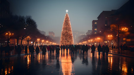In the heart of the city, the night with the glow of the Christmas tree, an emblem of tradition and celebration, adding a merry touch to the urban landscape. Generative AI.の素材