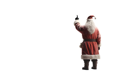 Santa shows a merry hand gesture, pointing towards isolated white background with empty copy space for text. Scene in the Christmas season. Generative AI.の素材