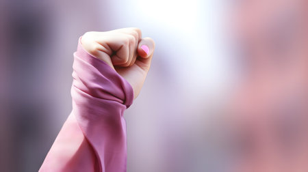 With an uplifted hand, the activist proudly makes a feminist symbol, a powerful emblem of the ongoing revolution for women rights. A strong message against gender discrimination. Generative AIの素材