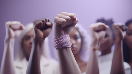 To protest, a women raises a resilient icon, denoting the persistent feminist campaign for liberty and rights. A compelling assertion challenging gender prejudice. Generative AI.の素材