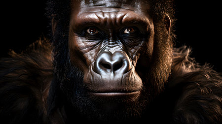 An adult male gorilla face revealing the depth of wisdom and experience in his eyes. Set against a dark background, his presence is both powerful and mesmerizing. Generative AIの素材