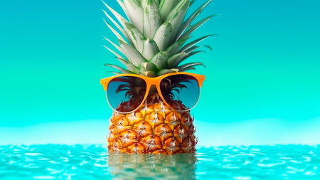 A funky pineapple with sunglasses inside the water ocean on the beach. As the centerpiece of attention, the pineapple wearing glasses. Funny tropical fruit summer holiday concept. Generative AIの素材