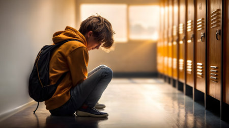 Upset boy sitting by locker against school corridor and crying after bullying by pupils classmates. The man covered his face with his hands and cries. Schoolchildren baiting. Generative AIの素材