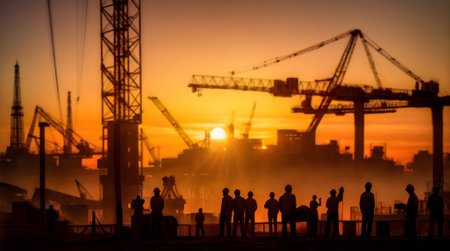 Silhouettes of a construction cranes and worker against the backdrop of a vibrant orange sunset, contributing to the construction of a new structure in the bustling industrial sector. Generative AIの素材