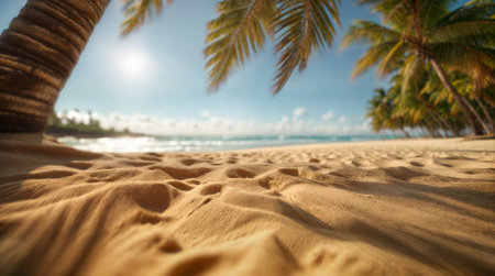 On the sandy shore, tall palm trees sway gently beneath a vibrant blue sky, creating a picturesque tropical paradise that beckons with its beauty and serenity. Generative AIの素材
