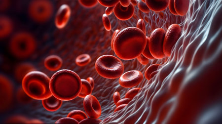 Into the intricate microcosm of the circulatory system, where red blood cells, traverse the vast network of blood vessels, sustaining life. Generative AIの素材