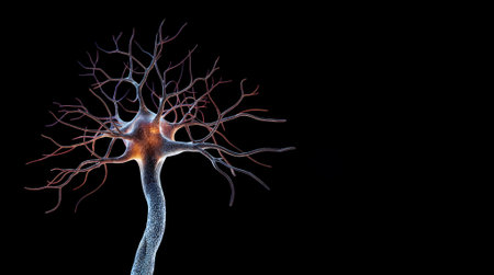 A signal transmitting neuron. One human nerve cell isolated on a black background, system neuron of brain with synapses and electrical activity. Microbiology concepts. Generative AIの素材