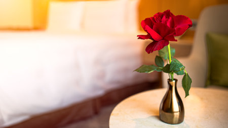 A bedroom with white bed and a table holding a gold vase with a single rose with empty copy space. The decor is romantic, ideal for a Valentine Day celebration or an anniversary surprise.の写真素材