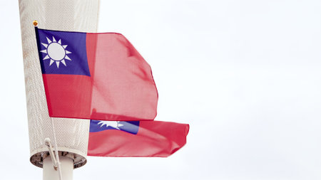 Two Taiwan flags fluttering side by side, symbolizing unity and pride. Perfect for patriotic and...