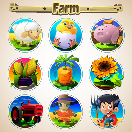 Vector illustration of farm animals and related items.のイラスト素材