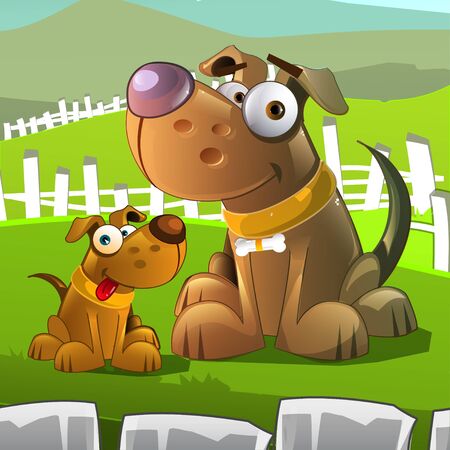Cartoon styled vector illustration of old dog and puppy.のイラスト素材