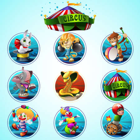 Colorful circus set with different animals and characterのイラスト素材