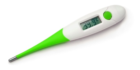 Electronic body thermometer displaying very high temperature 39,9 grades C  Celsius  on white background  Fever  の写真素材