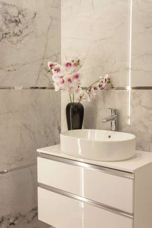 Part of the bathroom with a view of the washbasin with a tap, cupboard, flowers in a vase and stone tiles on the wall.の写真素材