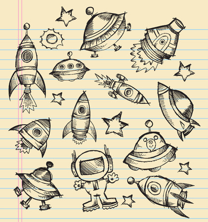 Outer Space Doodle Sketch notebook Elements Illustration Set のイラスト素材