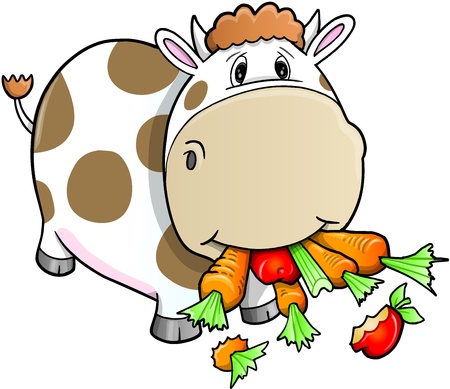 Cute Farm Cow eating vegetables のイラスト素材