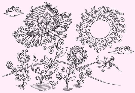 Doodle Flower Garden Vector  Illustration Artのイラスト素材