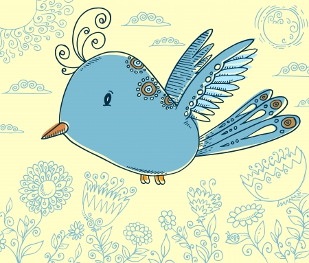 Doodle Bird and Flowers Illustration Artのイラスト素材