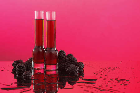 Shot glass of raspberry wine or liquor and blackberriesの写真素材