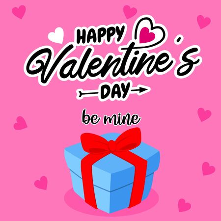 Lettering of Happy Valentines Day with Blue Gift Vector and Red Bow, Pink Background. Flat design, Element for Banner, Flyer, Poster, Card, Invitationのイラスト素材