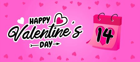 Lettering and Calligraphy of Happy Valentines Day, 14 February Calendar, Banner of Valentines Day with Pink Background and Love Heart Vectorのイラスト素材