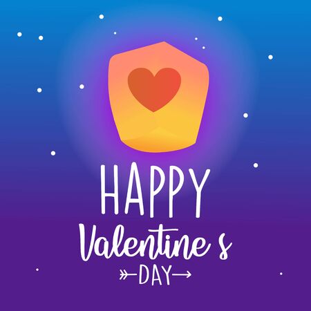 Happy Valentines Day Lettering, Love Heart Lantern Fly to The Starry Night Sky Vector Illustration for Banner, Poster, Brochure, Cover, Card, Invitationのイラスト素材