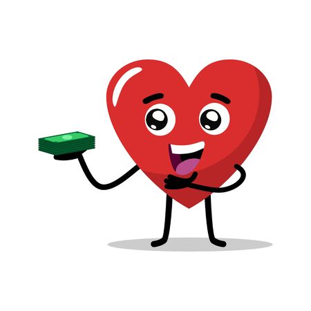 cute character of the love heart mascot carrying a stack of money, banking mascot vector illustration. flat designのイラスト素材