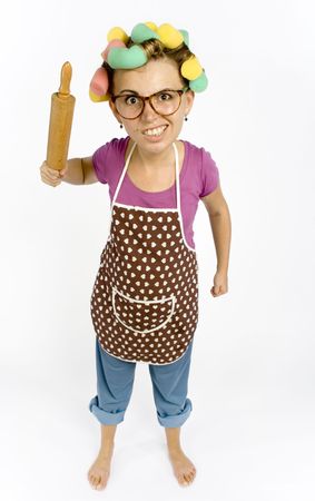 caricature of housewife - threaten by rolling-pinの写真素材