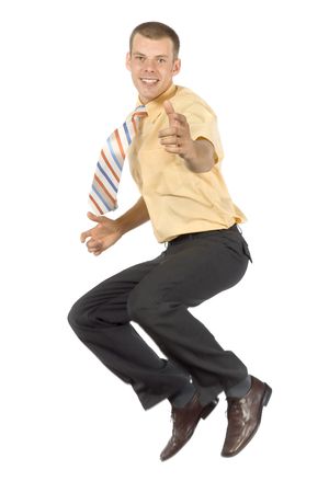 isolated  jumping and pointing businessmanの写真素材