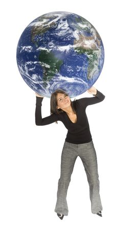concept - woman carrying Earth (isolated)の写真素材