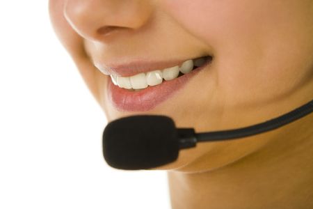 Half woman's face with microphone. Focused on mouth. White background. Half woman's face with microphone. Focused on mouth. White background.