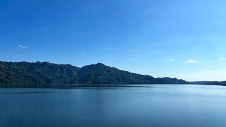 Panoramic view of the lake and mountains at Khun Dan Prakarnchon Dam Reservoir and Scenic View in...