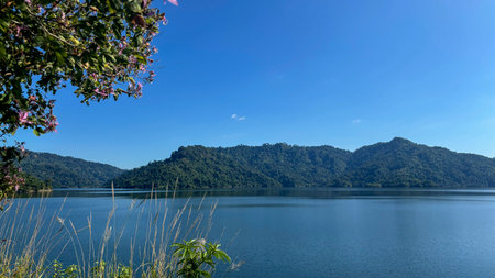 Landscape view of Khun Dan Prakarnchon Dam Reservoir and Scenic View in Nakhon Nayok, Thailand
