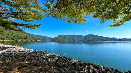 Landscape view of Khun Dan Prakarnchon Dam Reservoir and Scenic View in Nakhon Nayok, Thailand