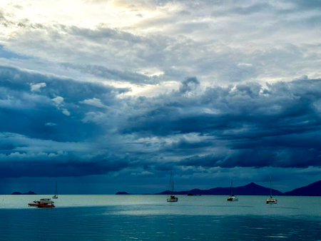 sailing boats in the sea under the stormy sky with clouds, Bophut Beach, Koh Samui, Thailandの写真素材