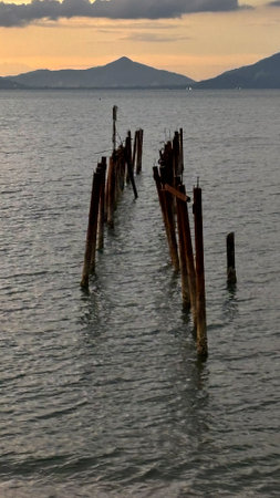 The old wooden bridge in the seaの写真素材